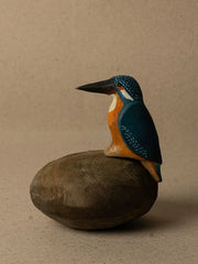Hand-carved wooden Kingfisher sculpture crafted from reclaimed Senna wood and hand-painted by artisans.