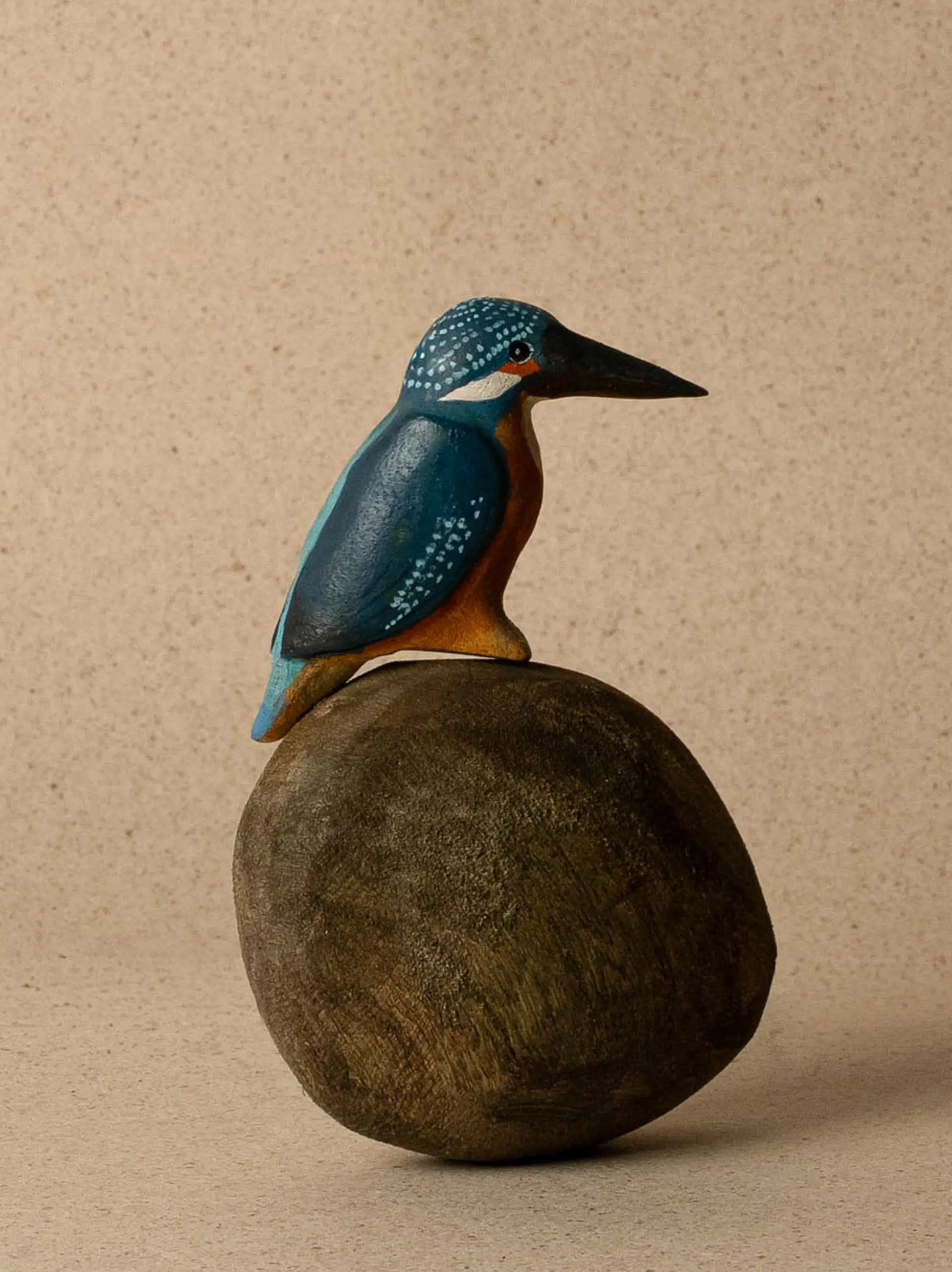 Hand-carved wooden Kingfisher sculpture crafted from reclaimed Senna wood and hand-painted by artisans.