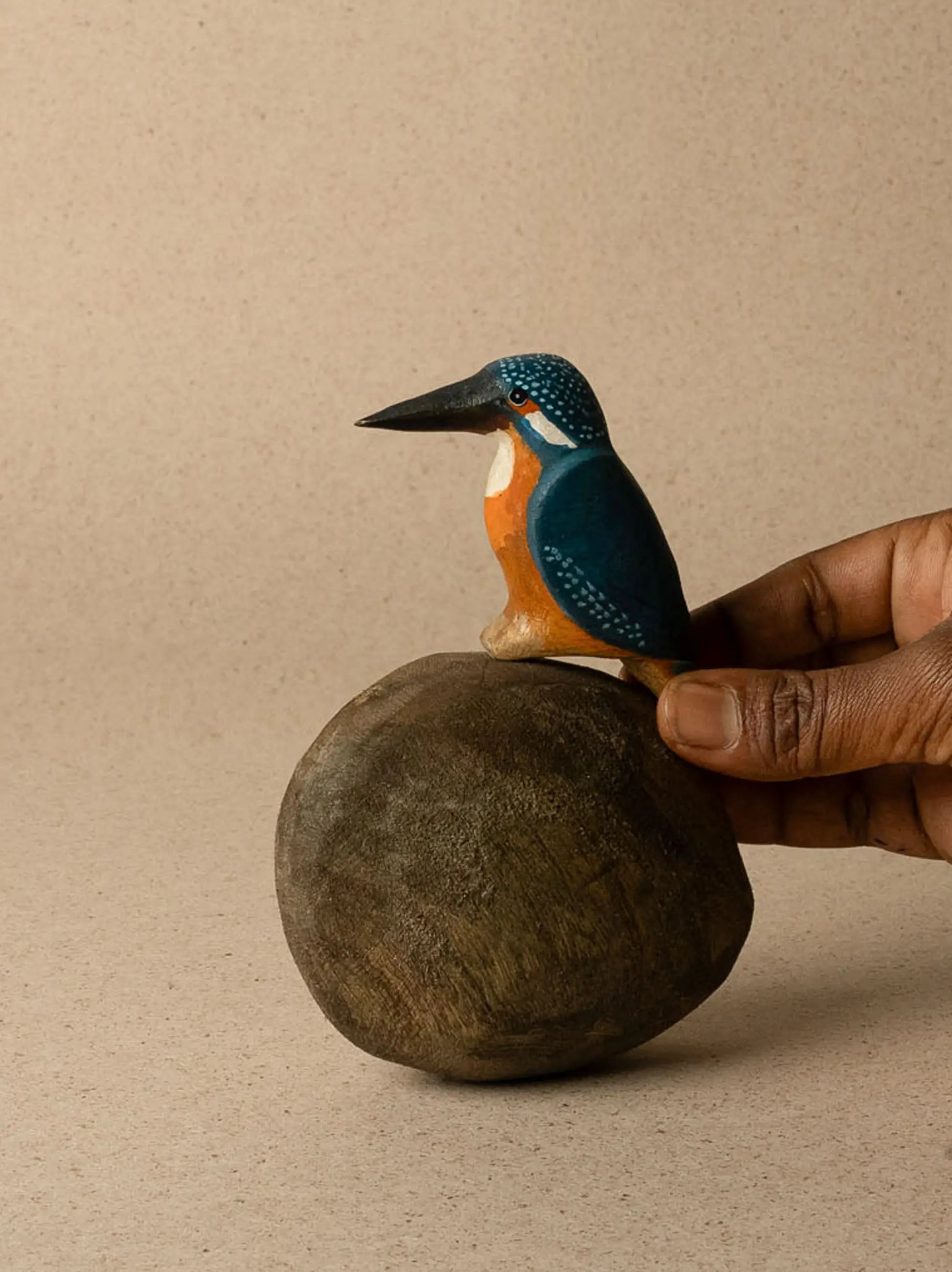 Hand-carved wooden Kingfisher sculpture crafted from reclaimed Senna wood and hand-painted by artisans.